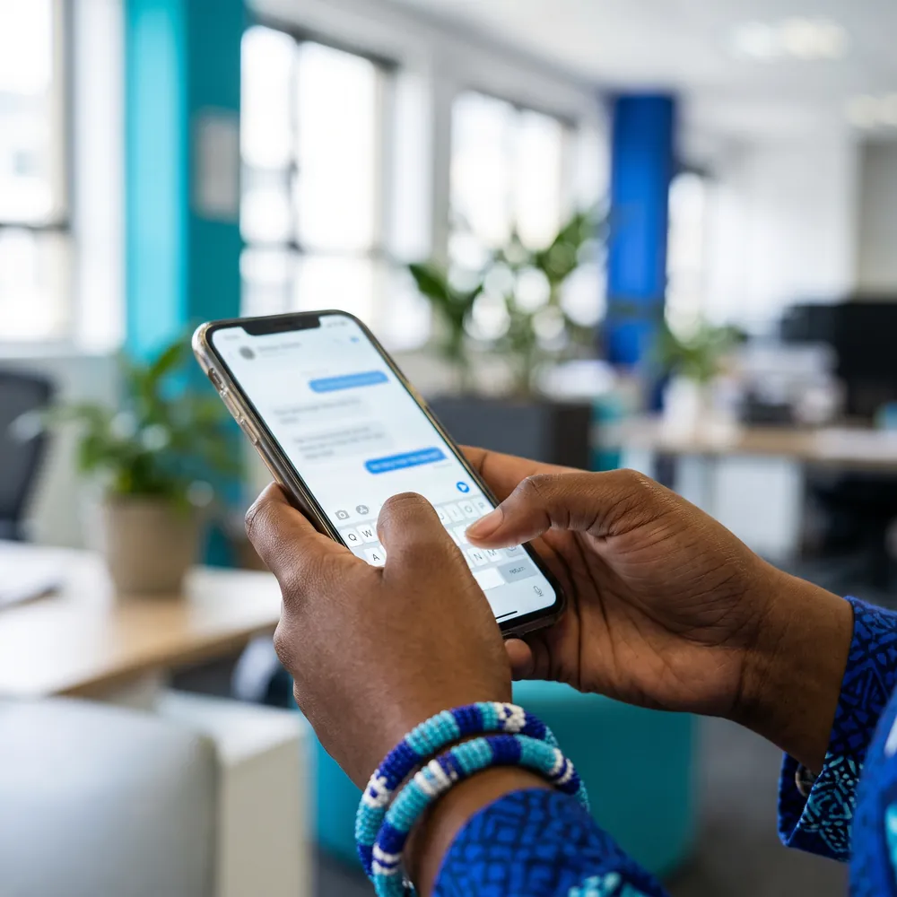 Hands typing a WhatsApp message on a phone