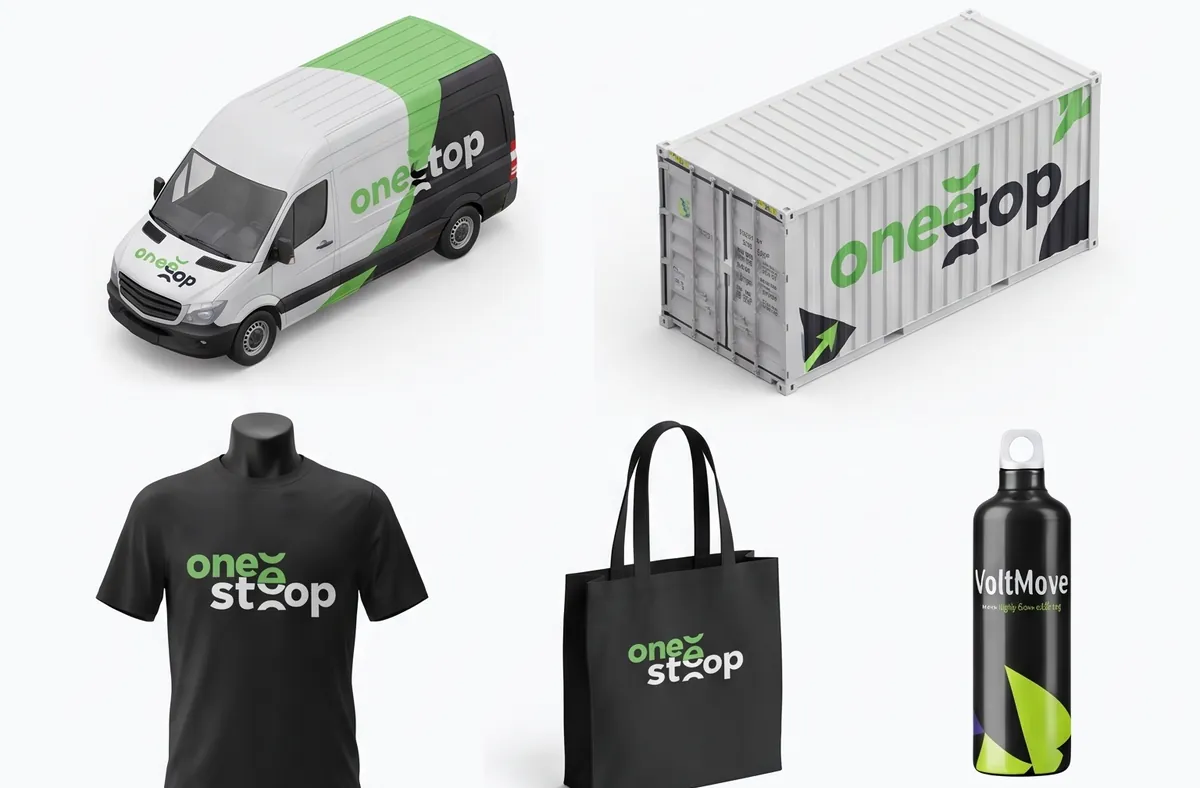 One Step branding on a van, container, T-shirt, bag and bottle